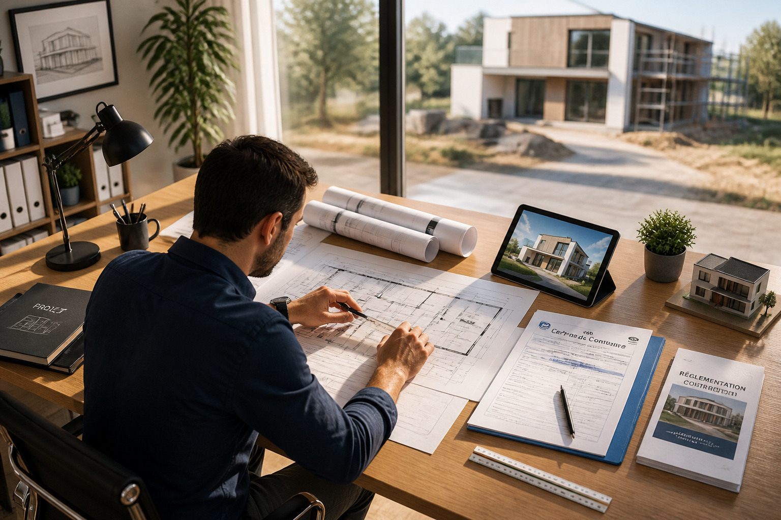 Architecte concentre sur ses plans