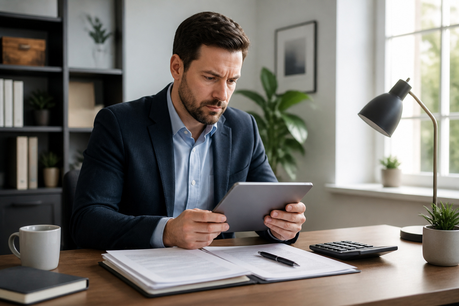 Homme daffaires concentre sur sa tablette