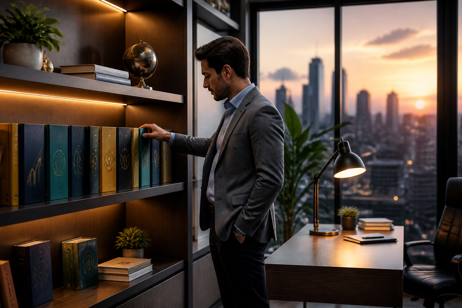 Homme daffaires choisissant un livre dans son bureau