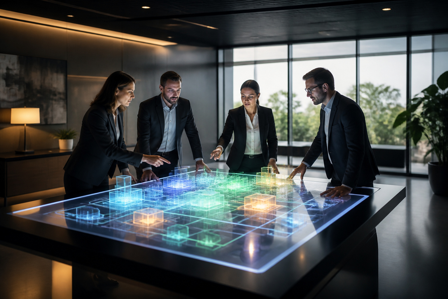 Equipe collaborant sur une projection holographique