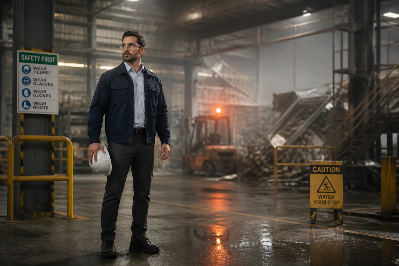 Homme en zone industrielle vigilant