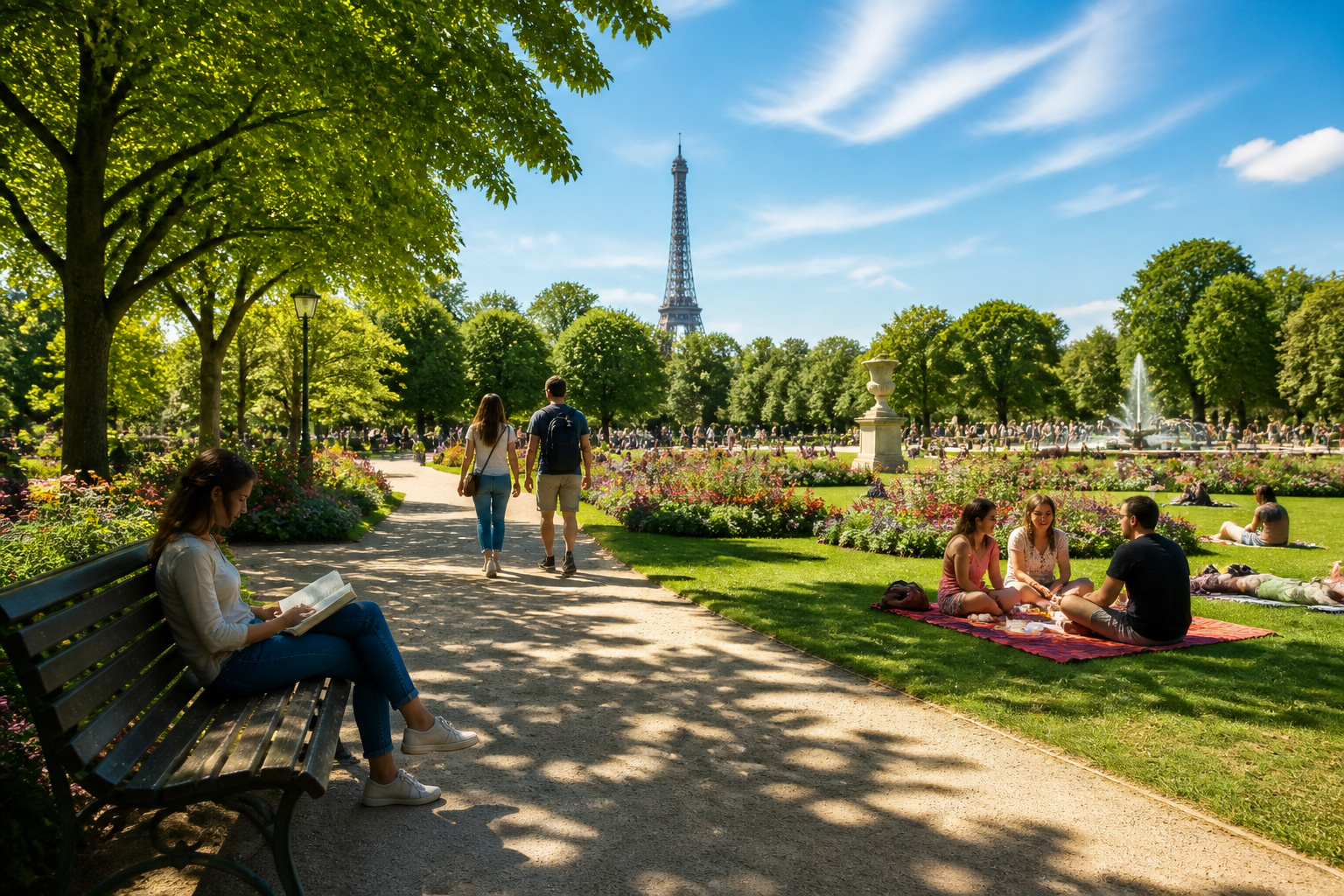Journee ensoleillee dans un parc parisien