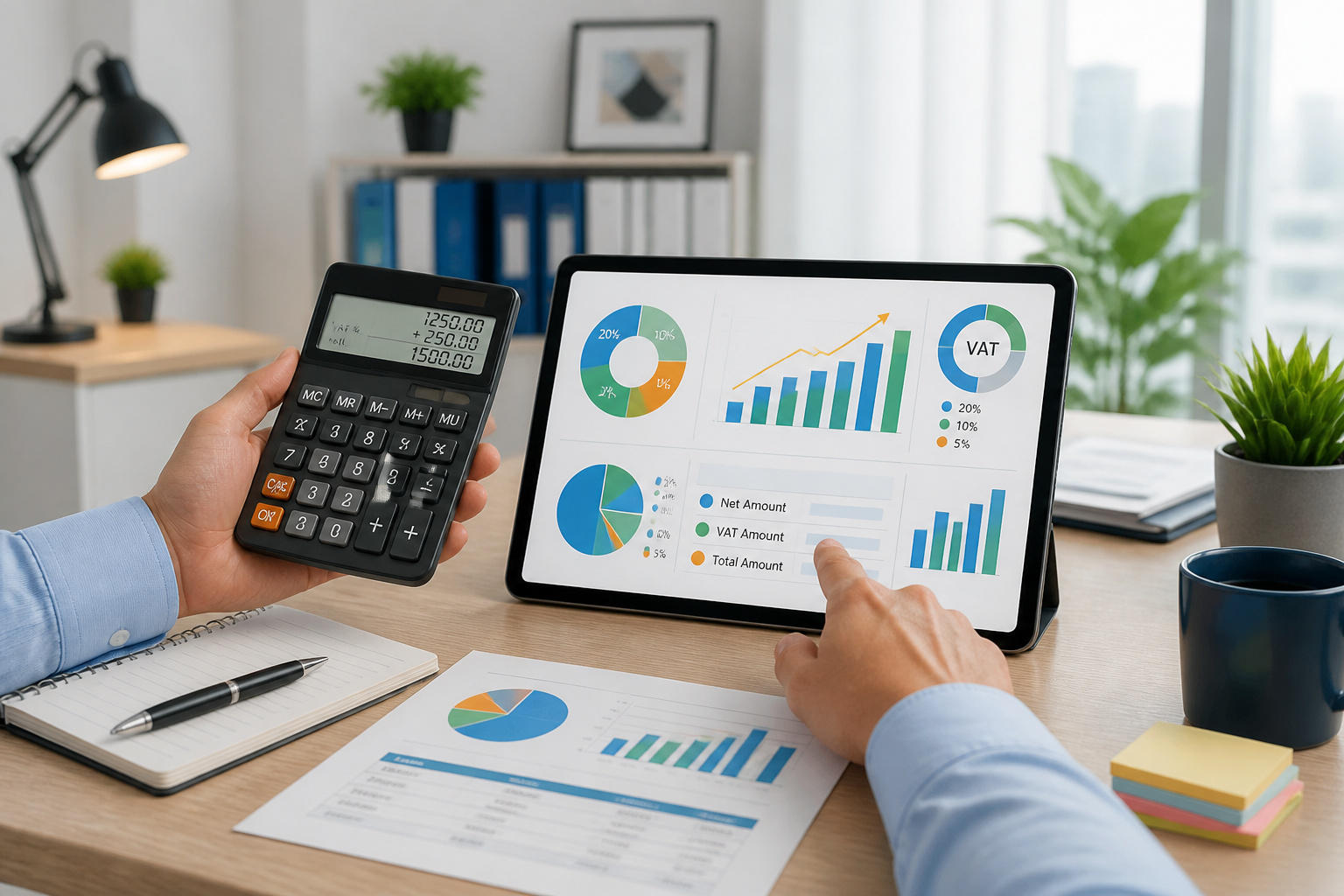 Analyse financiere avec tablette et calculatrice