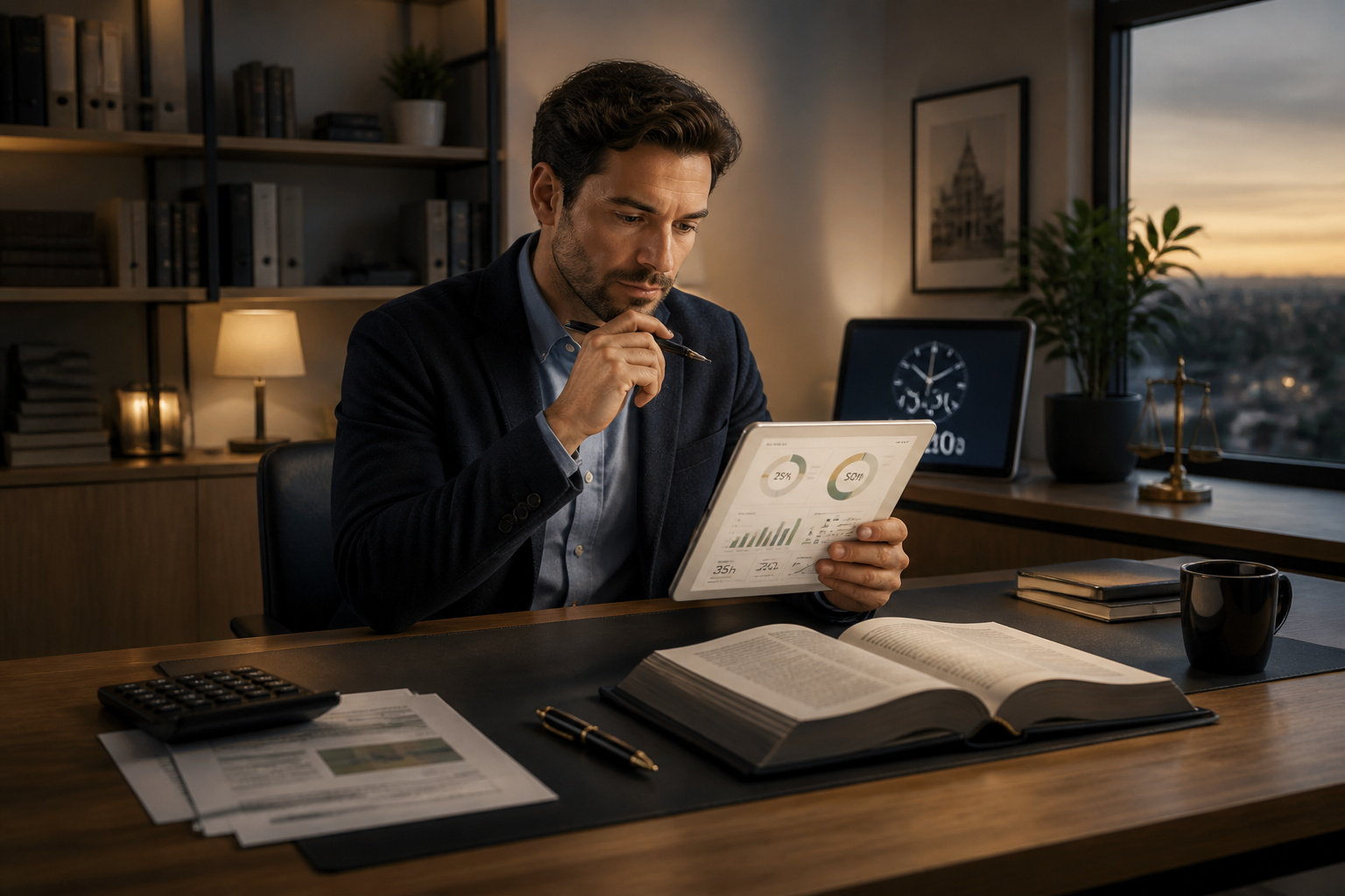 Professionnel concentre sur sa tablette