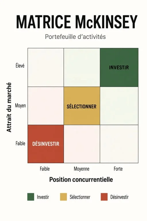 Matrice McKinsey avec grille des neuf cases, axes attrait du marché et position concurrentielle