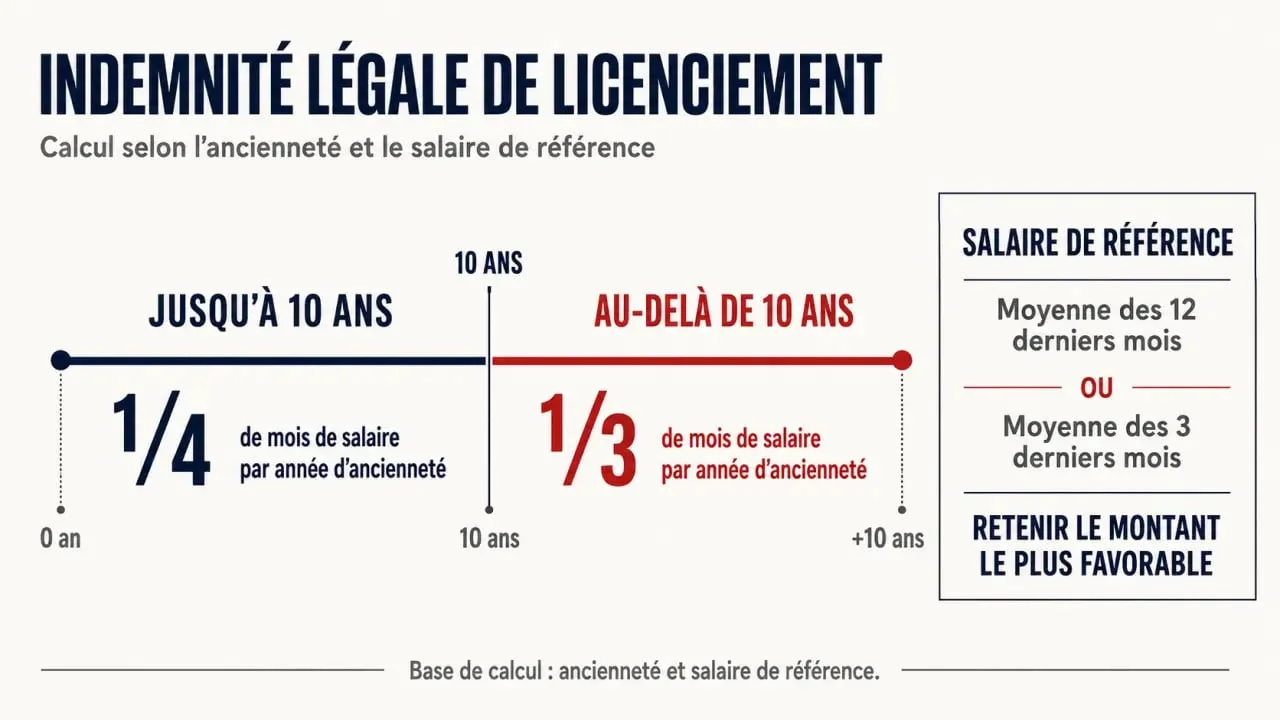 Calcul indemnité de licenciement : formule légale selon l'ancienneté et le salaire de référence