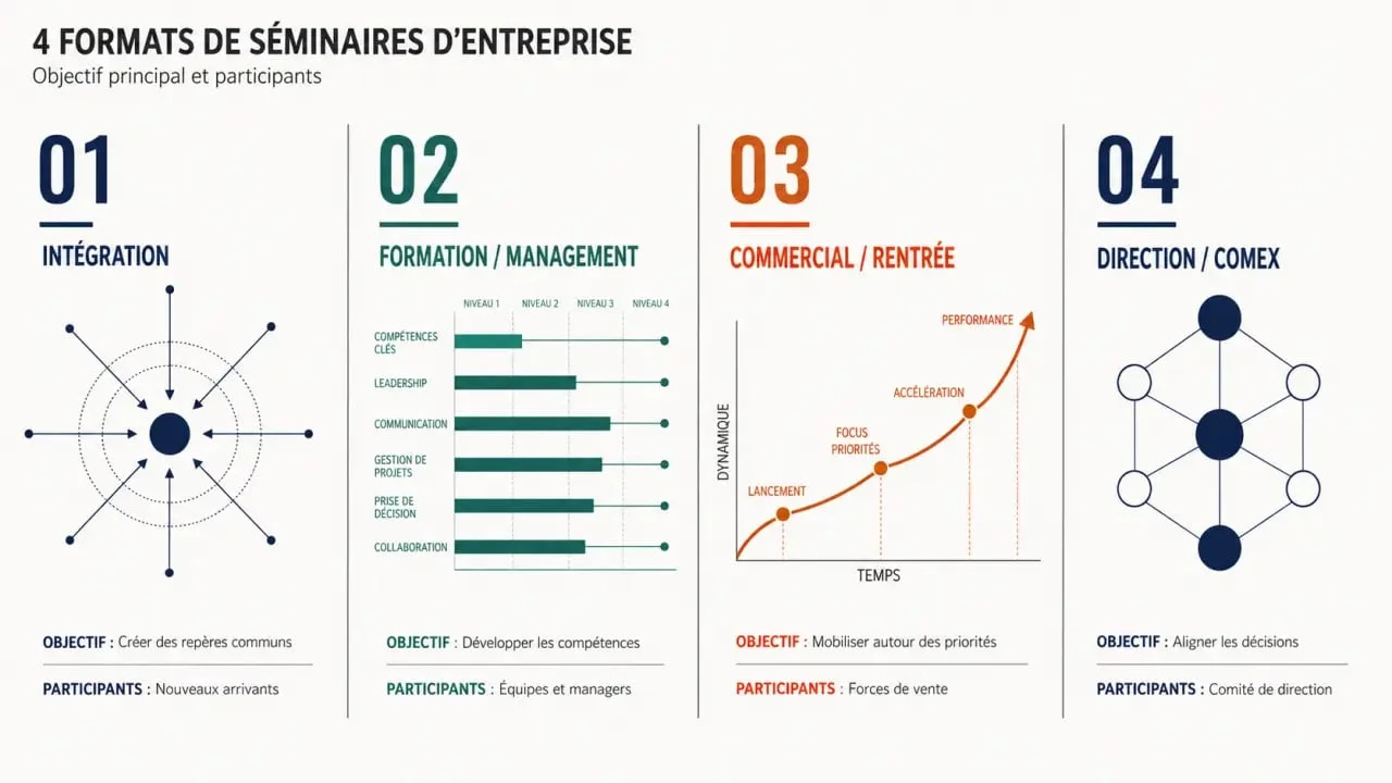 Infographie des principaux formats de séminaire entreprise selon l’objectif et le public