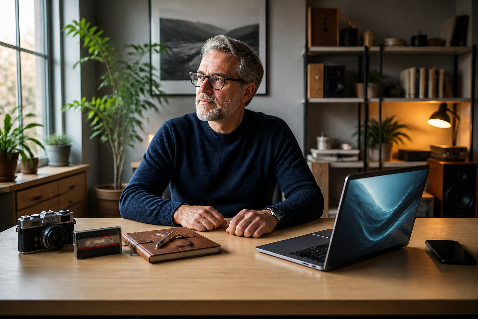 Homme pensif entre analogique et numerique