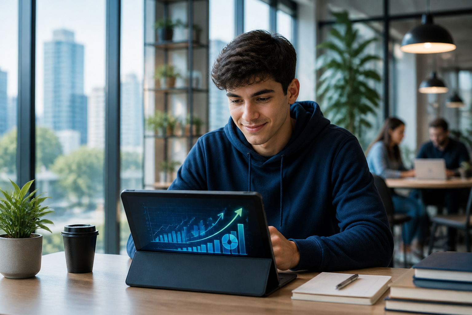 Jeune adulte optimiste planifiant son avenir financier