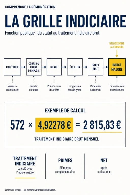 Infographie sur la grille indiciaire fonction publique et le calcul du traitement avec l’indice majoré