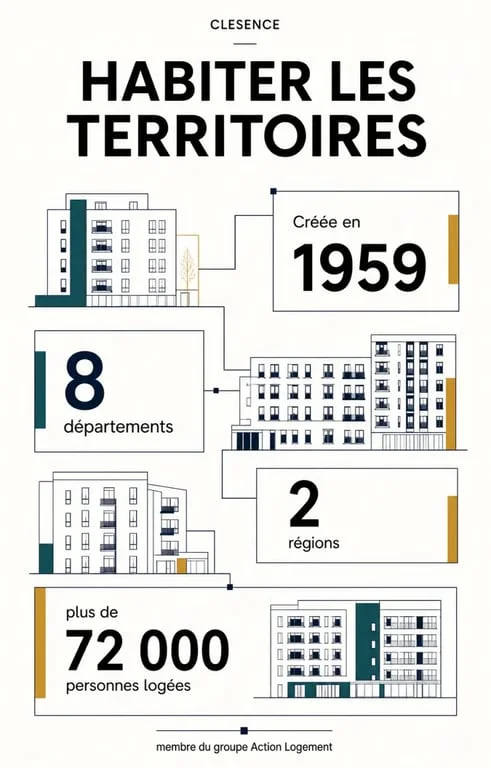 Infographie CLESENCE sur son ancienneté, son implantation territoriale et les personnes logées
