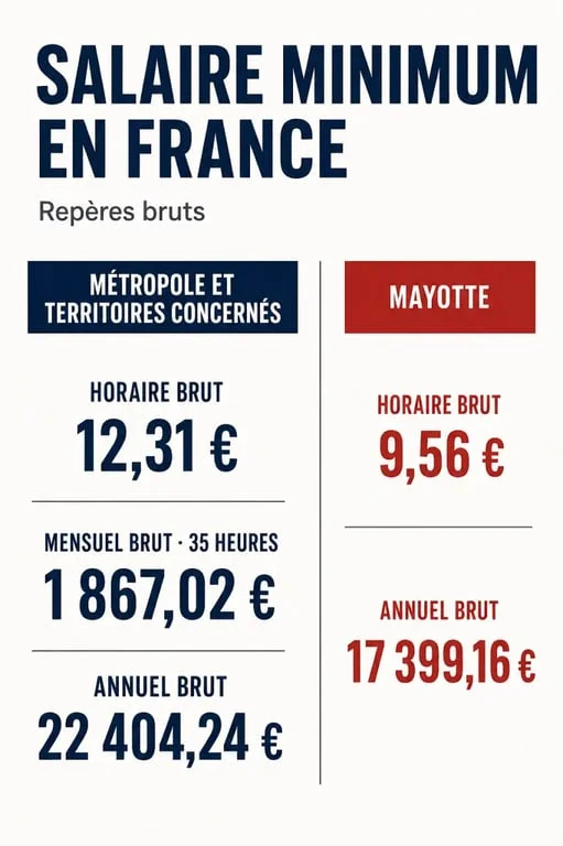 Infographie du salaire minimum horaire, mensuel et annuel en métropole et à Mayotte
